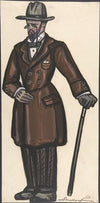 Man wearing a brown overcoat, cane and pince-nez