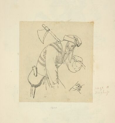 Man wearing bonnet with ax and knife sheathed within purse attached to his belt