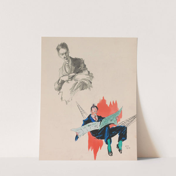 Man with a baby on his arm and a man reading the newspaper in a hammock (1919) by Otto Verhagen