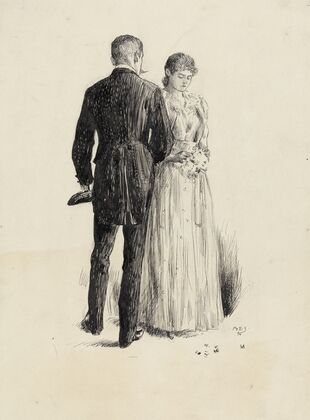 Man, with back to viewer, facing young woman plucking at bouquet