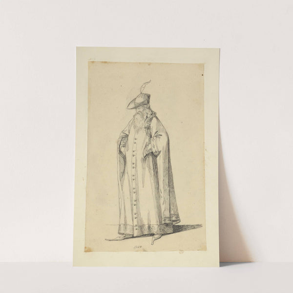 Man with beard in long cape, hat with plume, and pointed shoes by Stewart Watson