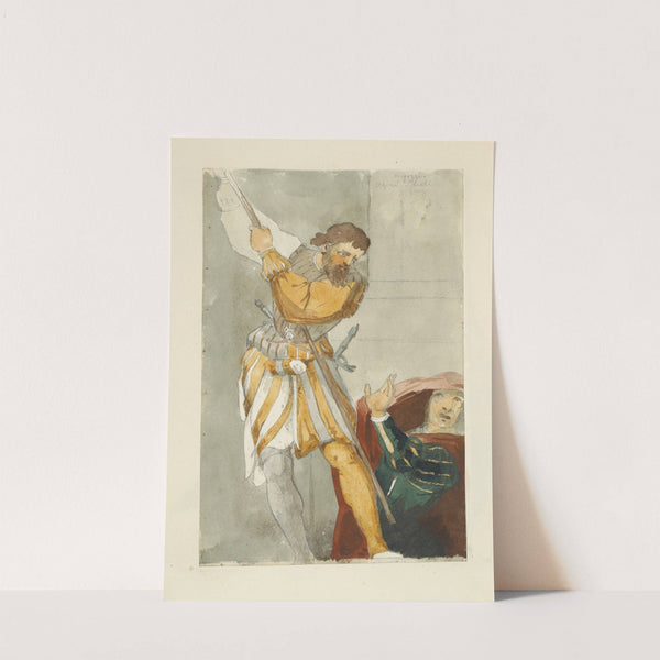 Man with beard in pantaloons and tights drawing back a long staff menacingly, frightened woman standing below by Stewart Watson