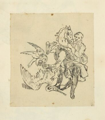 Man with falcon standing over a large bird, and man with horse