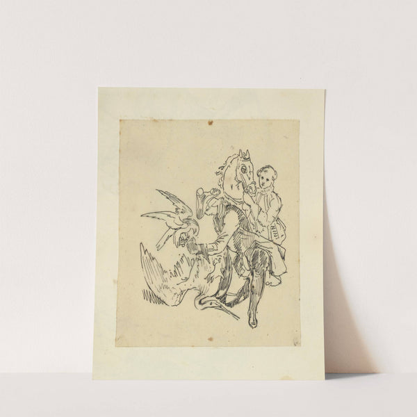 Man with falcon standing over a large bird, and man with horse by Stewart Watson