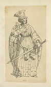 Man with heraldic shield, sword, and purse hanging from belt, wearing fur-trimmed coat and fur hat