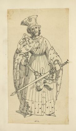 Man with heraldic shield, sword, and purse hanging from belt, wearing fur-trimmed coat and fur hat