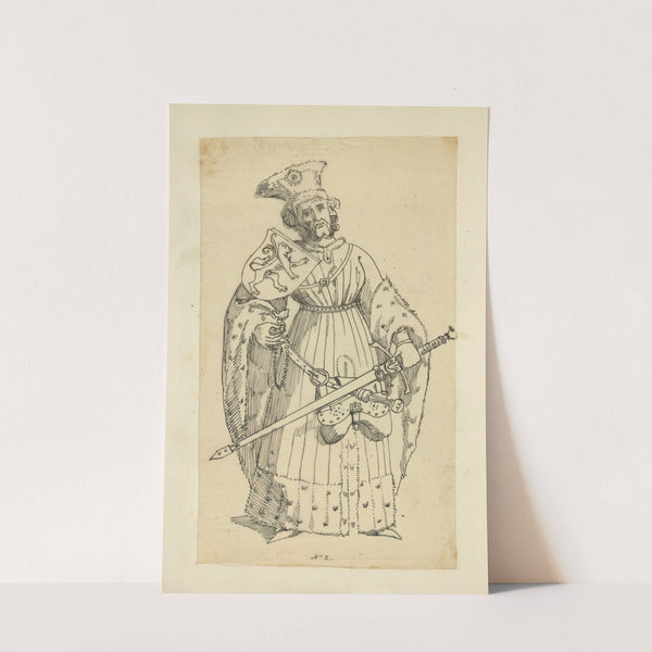 Man with heraldic shield, sword, and purse hanging from belt, wearing fur-trimmed coat and fur hat by Stewart Watson