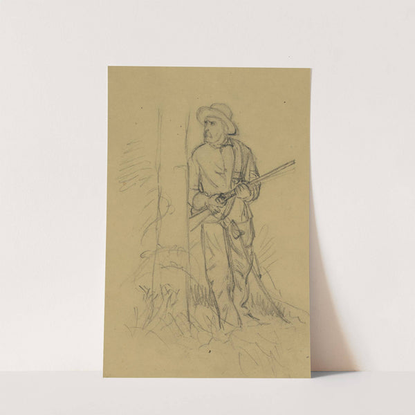 Man with rifle peering around tree by Alfred Rudolph Waud