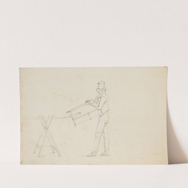 Mand ved en savbuk, holdende en sav by Martinus Rørbye