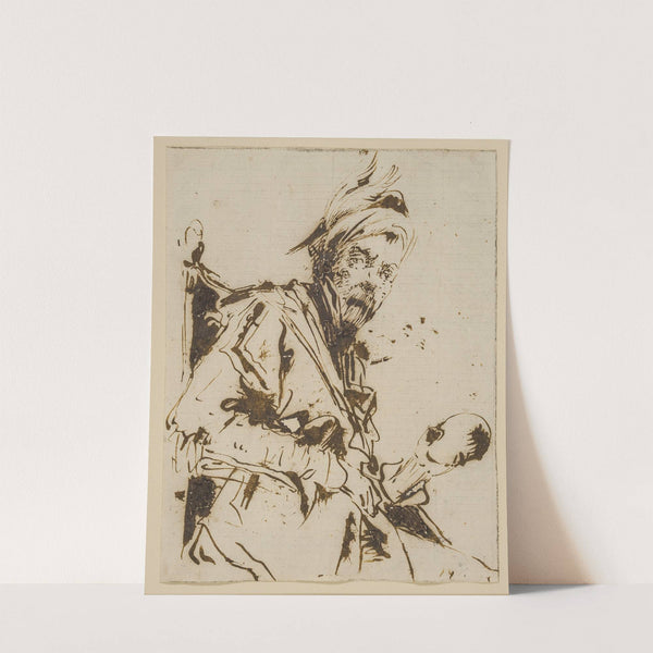 Mandlig halvfigur siddende i en stol med en fjerprydet hat og et kranie i sin venstre hånd by Giuseppe Bernardino Bison