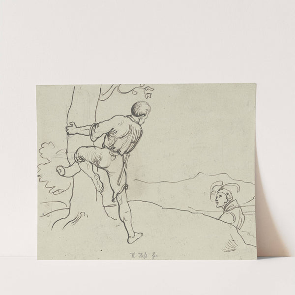 Mann, einen Baum hinaufsteigend, ein weiterer mit auffälliger Kopfbedeckung schaut ihm zu by Hieronymus Hess