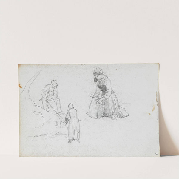 Mann og kvinne med tomannssag; kvinne med kar (1867) by Hans Gude