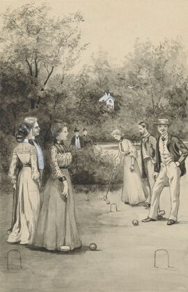 Mannen en vrouwen spelen croquet