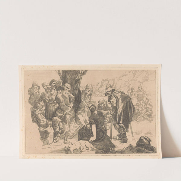 Mannen, vrouwen en kinderen bij een boom. by Johannes Josephus Aarts