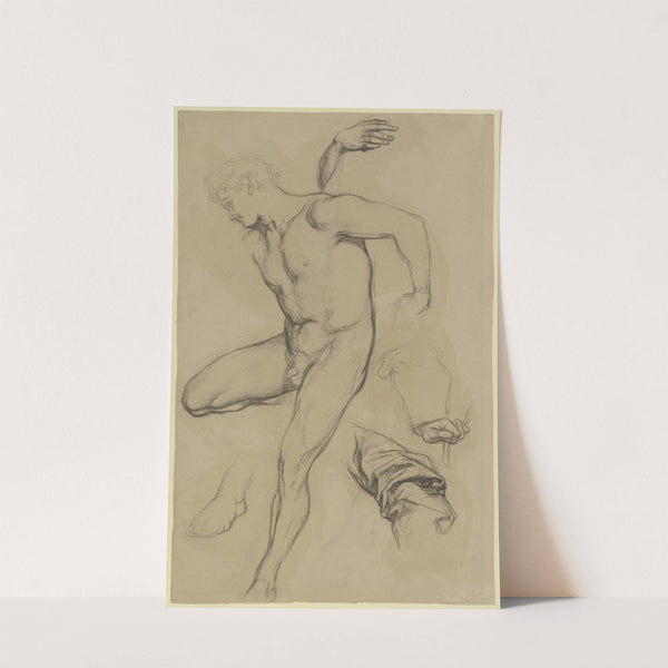 Männlicher Akt des Romeo aus 'Romeo und Julia', Variante mit angewinkelt aufgestütztem rechten Bein, daneben Draperie, Hände und ein Fuß by Victor Müller