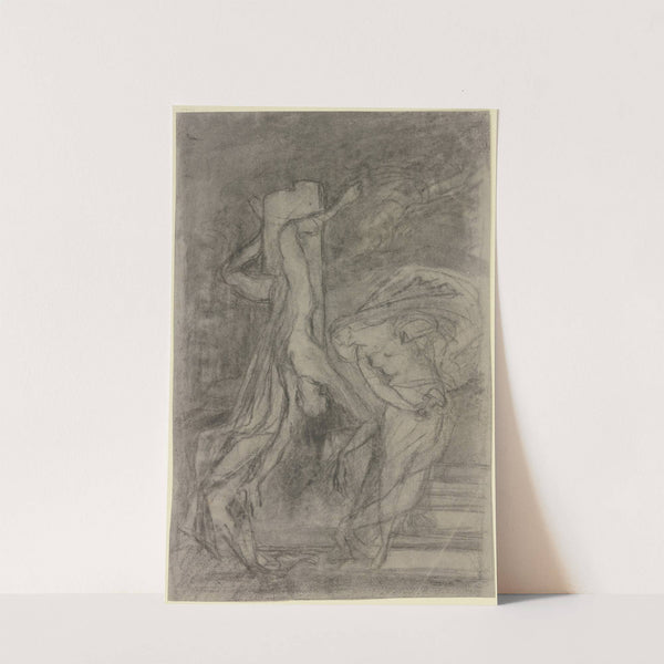 Männlicher Akt, kopfüber an einem Pfahl herabhängend, neben ihm ein weiblicher Akt mit einem Hammer in der Rechten by Victor Müller