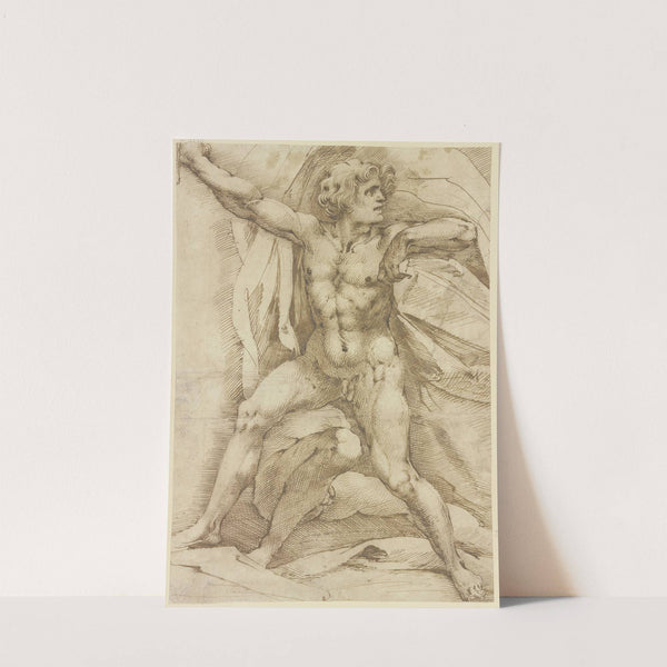 Männlicher Akt mit wehendem Mantel schreitet über einen in starker Verkürzung am Boden Liegenden hinweg by Bartolomeo Passarotti