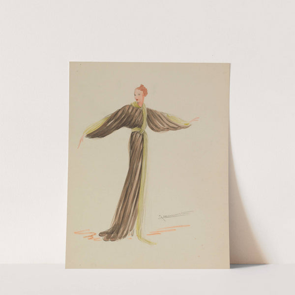 Manteau brun travaillé en bandes avec bordure verte (1938) by Jeannette