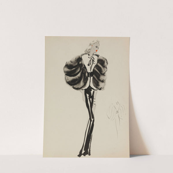 Manteau court blanc avec manches en fourrure noire travaillée en bandes sur robe noire (1938) by M. P. Leven