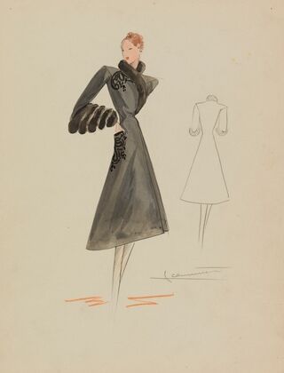 Manteau noir à manches gigot avec grand col (1938)