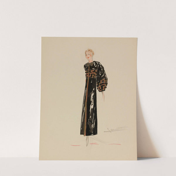 Manteau noir avec passementerie d’or et manches ballon (1938) by Jeannette