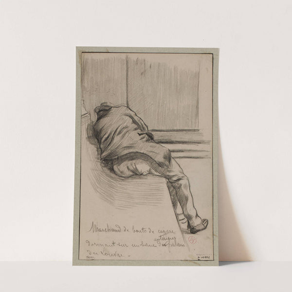 Marchand de bouts de cigares dormant sur un banc extérieur du Palais du Louvre (1895) by F. Séguin