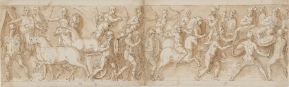Marcus Aurelius ankommer til kampen, mens tropperne nedkæmper et sarmatisk angreb; sarmaterne beder om nåde