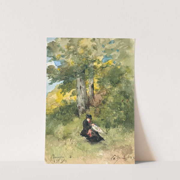 Marguerite cousant dans un paysage arboré (1889) by Henri-Joseph Harpignies