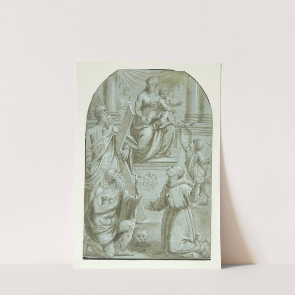 Maria med Jesusbarnet tronende, omgivet af apostlen Andreas, Johannes Døberen som barn, den hellige Jeronimus og den hellige Frans af Assisi by Moretto Da Brescia