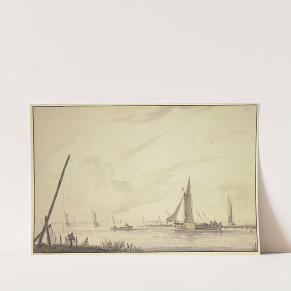 Marine mit vielen Schiffen, links bei einer langen Signalstange ein Fischer mit Netzen by Jan van de Cappelle