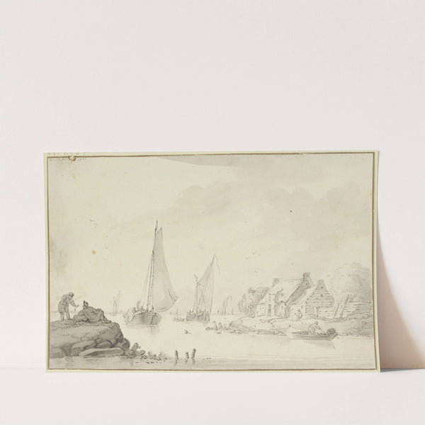 Marine, rechts am Ufer Bauernhäuser, links auf einem Felsen zwei Fischer by Wigerus Vitringa