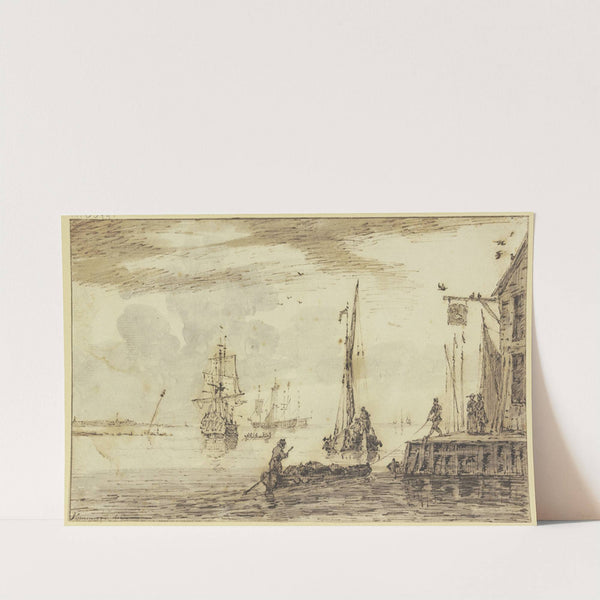 Marine, rechts bei einem Wirtshaus zieht ein Mann einen beladenen Kahn ans Land by John Greenwood