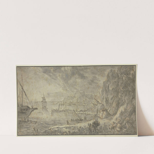 Marine, rechts große Felsen, vorn ein Maultiertreiber, im Hintergrunde eine Stadt by Claude Lorrain