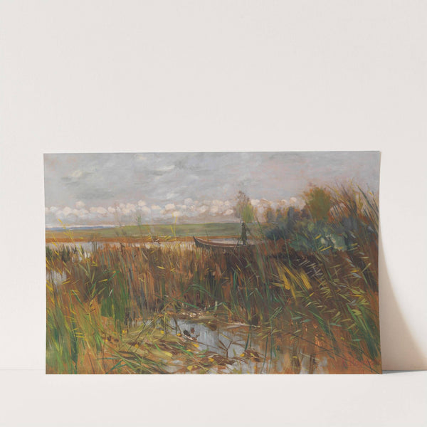 Märkische Seenlandschaft mit Entenjäger im Kahn stehend by Karl Hagemeister