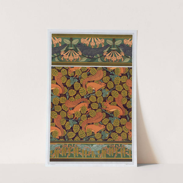 Martinets et chèvrefeuille, bordure. Écureuils et noisetier, papier peint. Oiseaux et noisetier en fleur, bordure. by Maurice Pillard Verneuil