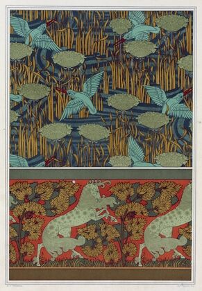 Martins-pêcheurs et butome en ombelle, papier peint. Chevaux et arbres, bordure.