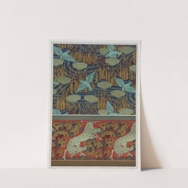 Martins-pêcheurs et butome en ombelle, papier peint. Chevaux et arbres, bordure. by Maurice Pillard Verneuil