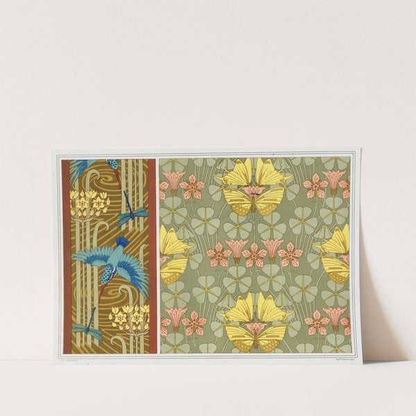 Martins-pêcheurs, libellules et butome en ombrelle, bordures; papillons et oxalide, étoffe by Maurice Pillard Verneuil