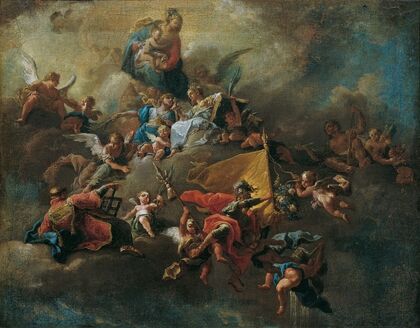 Mary With The Child And Saints, Enthroned On Clouds