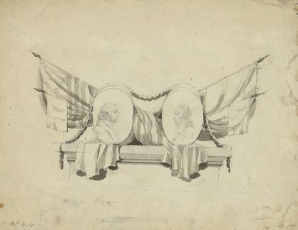 Medallion portraits of Washington and Lafayette, on plinth draped with flags