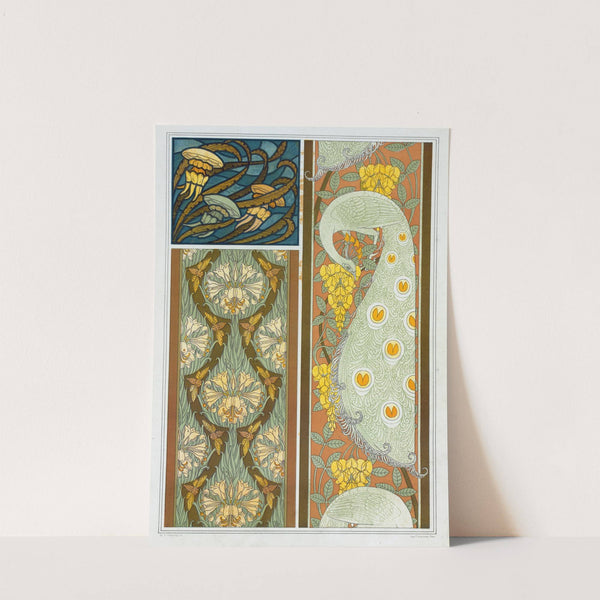 Méduses et algues, vitrail. Cigales et lis, paons et cytise, bordures. by Maurice Pillard Verneuil