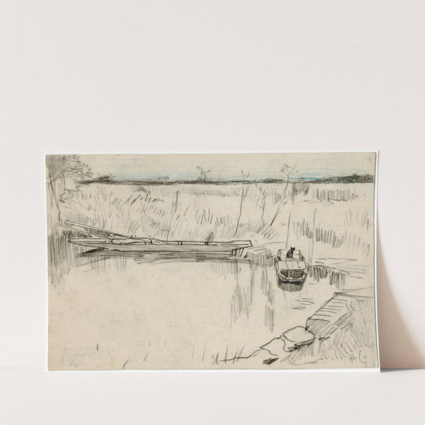 Meer met roeiboot en poes by Adolf le Comte