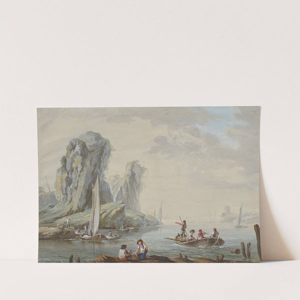 Meeresbucht mit großen Felsen links und Fischern by Jean-Baptiste Pillement