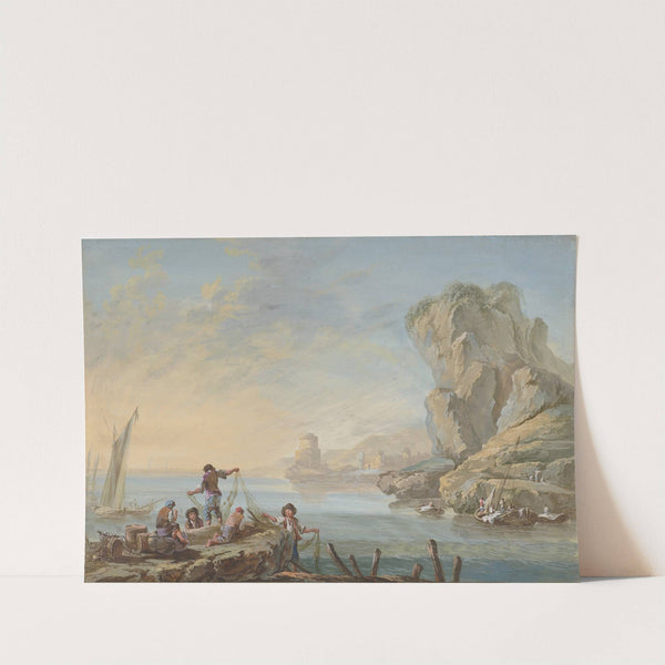 Meeresbucht mit großen Felsen rechts und Fischern by Jean-Baptiste Pillement