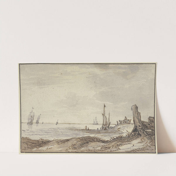 Meeresstrand mit ruhiger See, rechts im Mittelgrunde hält ein Wagen, sieben Segel in Sicht by Simon de Vlieger