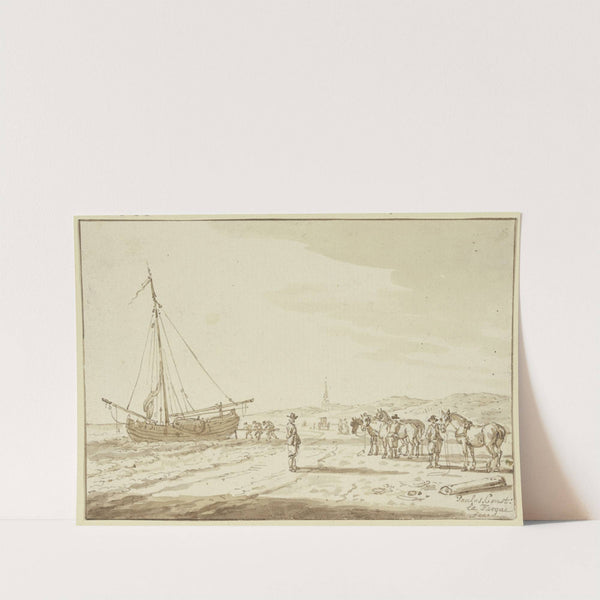 Meeresstrand, Pferde stehen bereit, ein Schiff auf das Land zu ziehen by Paulus Constantijn la Fargue