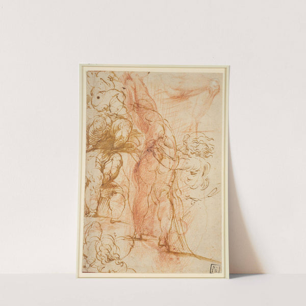 Mehrere Beinstudien von Putten, einwärts laufender Männerakt, Beinstudie und stehende Figur by Parmigianino