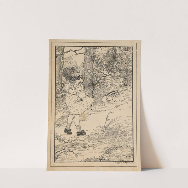 Meisje draagt een hond op een winderig bospad by Nelly Spoor