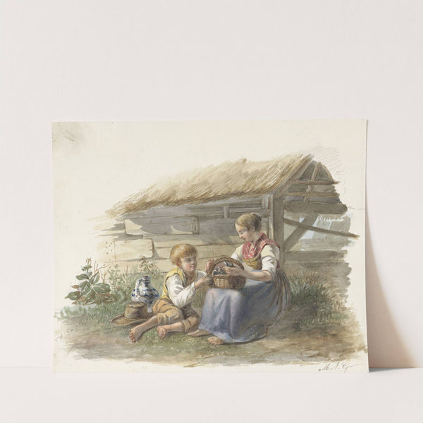 Meisje en jongetje met een mandje jonge vogels by Maximilienne Guyon