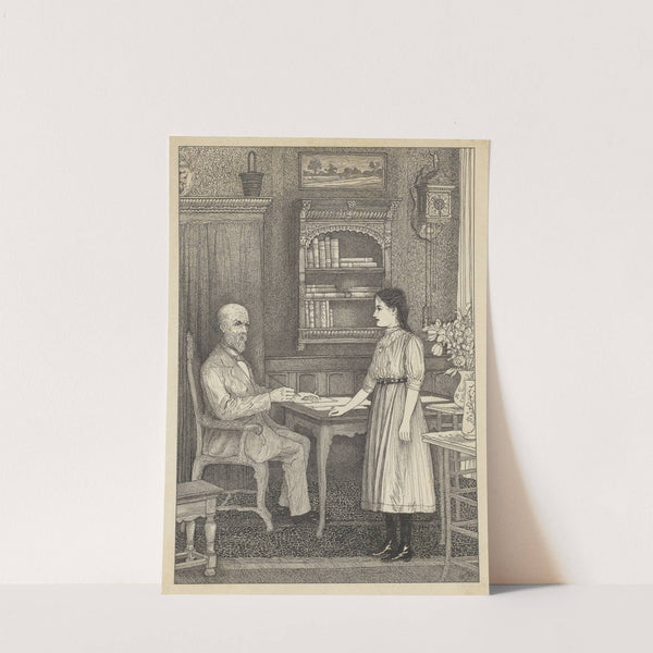 Meisje en schrijvende man bij een tafel by Willem Pothast